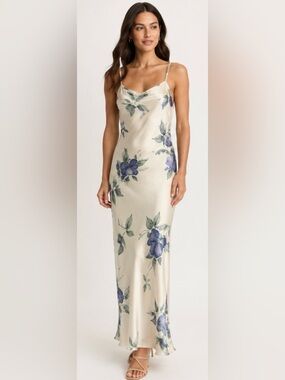 Halston 100% Silk Floral Maxi Slip Dress | Blue & Ivory | Bias Cut Cowl Neck
